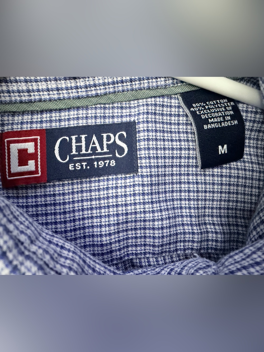 Chaps Men’s Medium Blue White Micro Check Long Sleeve Button-Down Shirt - Picture 3 of 5
